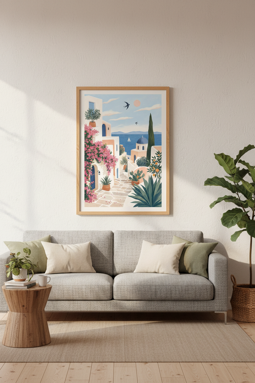 Santorini Greece Art Print | Mediterranean Coastal Landscape, Living Room Decor