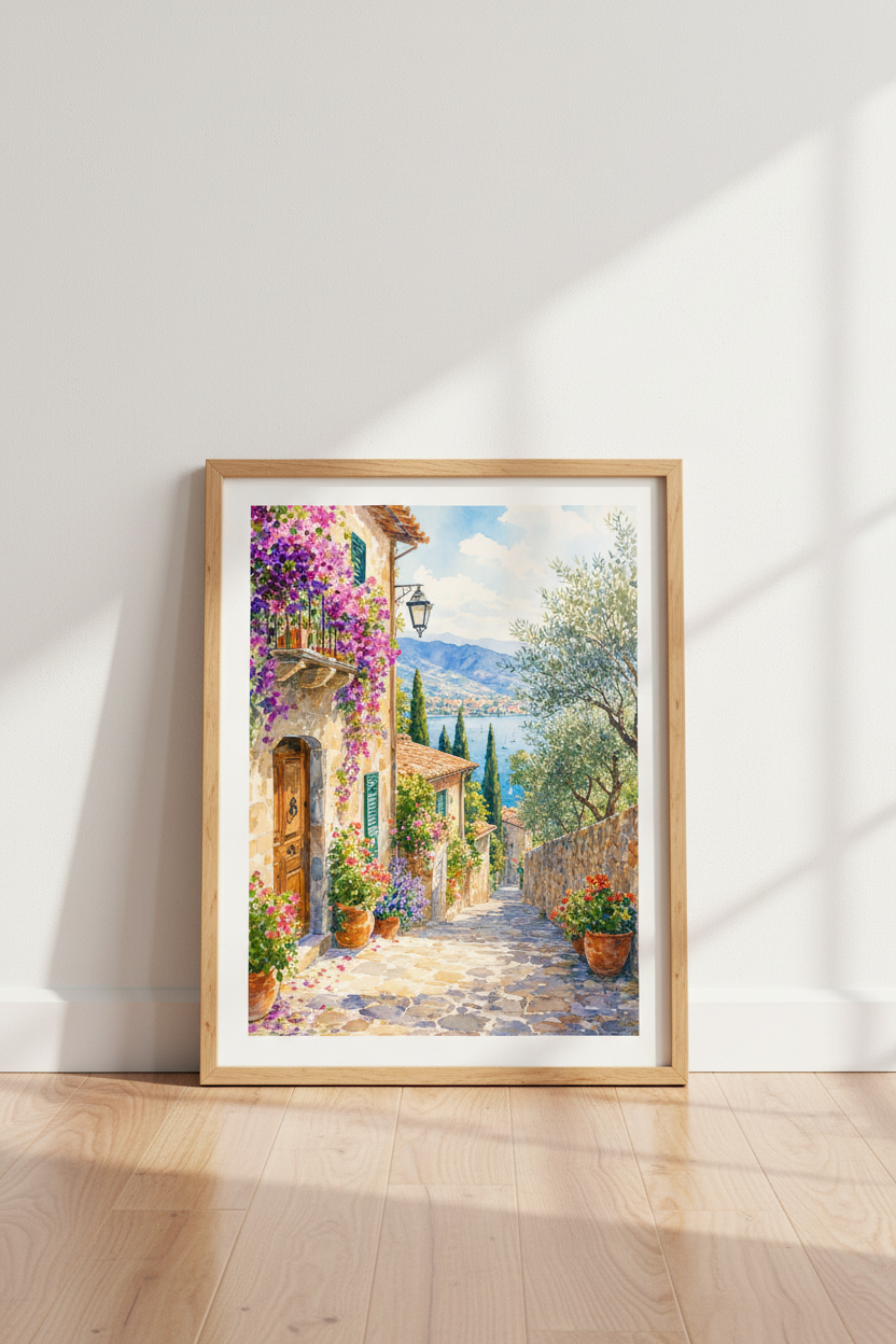 Mediterranean Village Watercolor Art | Coastal Italy Poster | Sunroom Decor