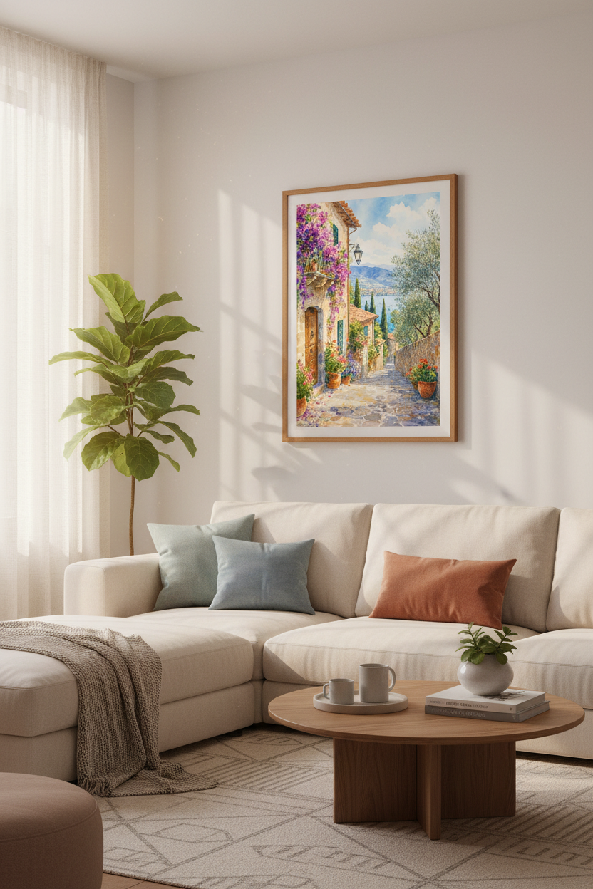 Mediterranean Village Watercolor Art | Coastal Italy Poster | Sunroom Decor