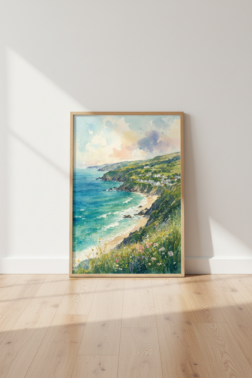 Coastal Village Watercolor Landscape Art | Blue &amp; Green Beach Decor | Seascape Poster