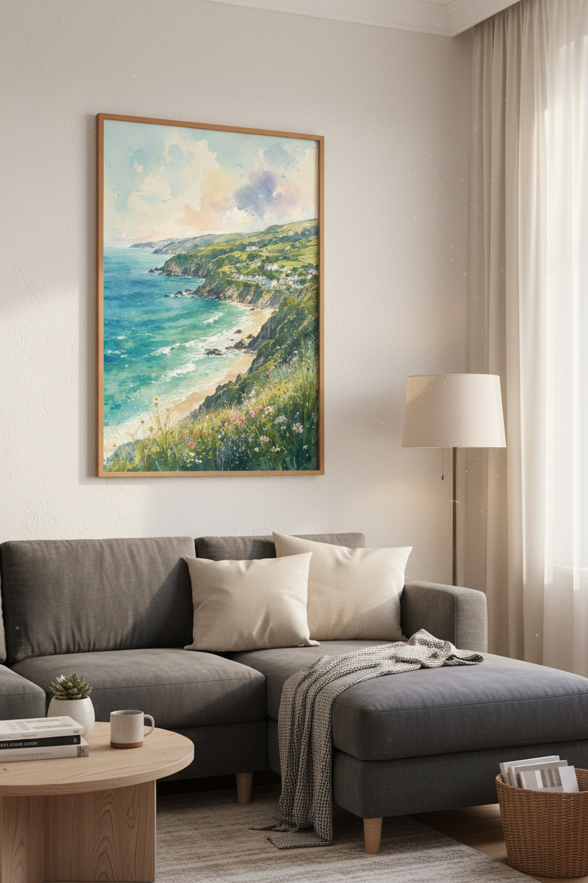 Coastal Village Watercolor Landscape Art | Blue &amp; Green Beach Decor | Seascape Poster