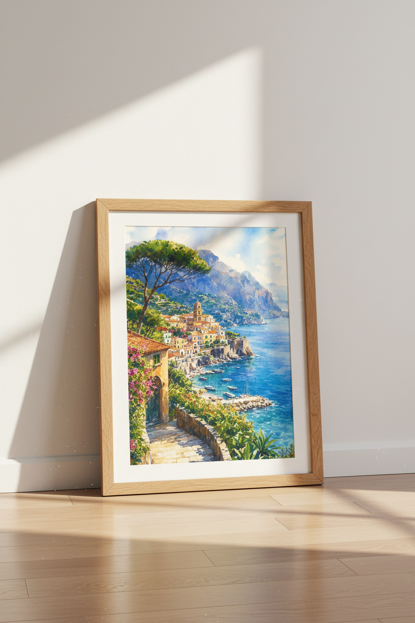 Amalfi Coast Watercolor Print | Italy Landscape Wall Art | Mediterranean Poster