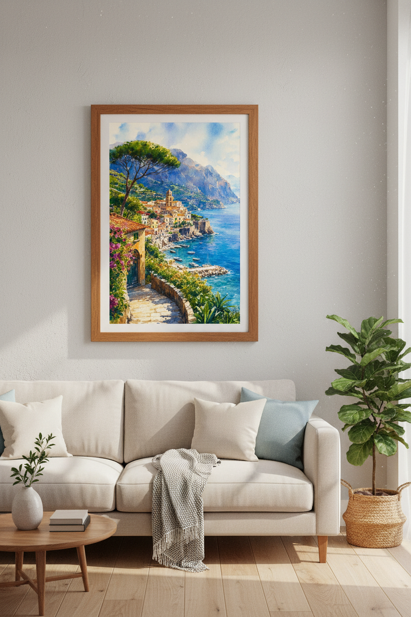 Amalfi Coast Watercolor Print | Italy Landscape Wall Art | Mediterranean Poster