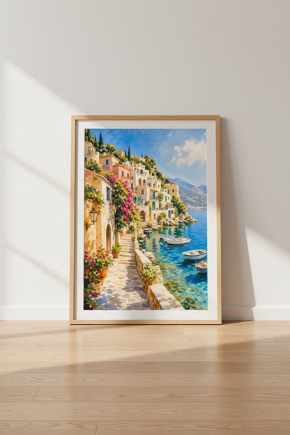 Amalfi Coast Italy Art Print | Mediterranean Coastal Decor | Italy Travel Poster
