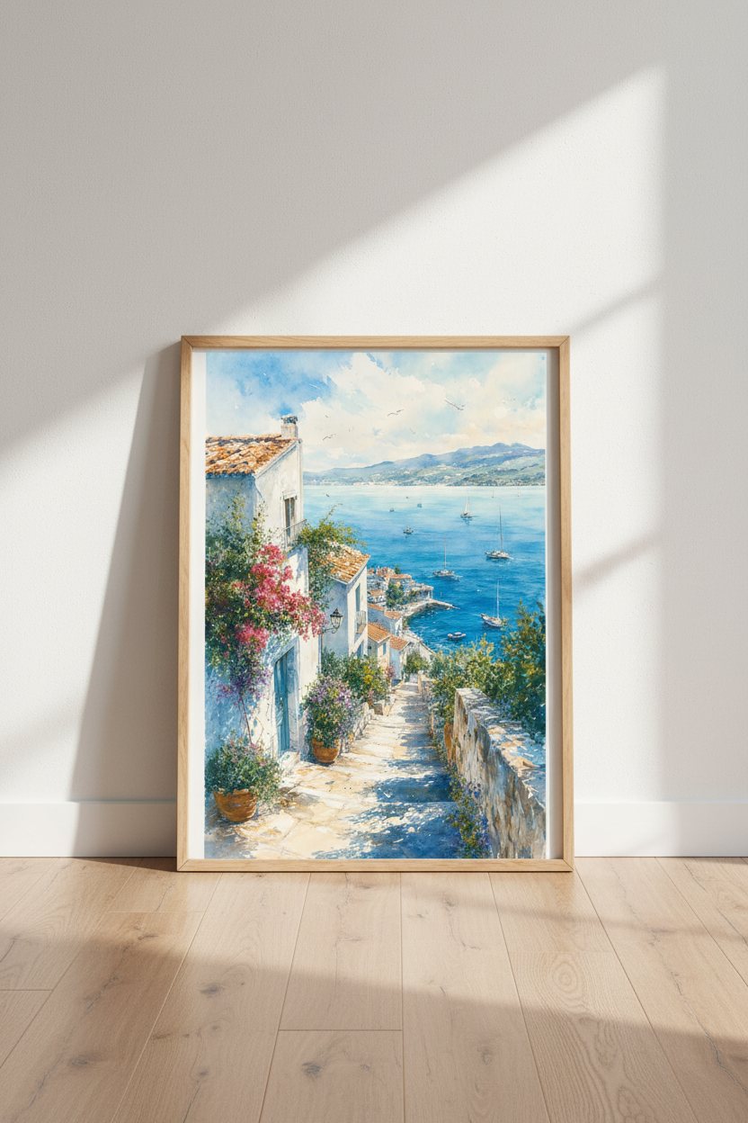 Mediterranean Coastal Village Watercolor Print | Blue Ocean Decor | Travel Poster