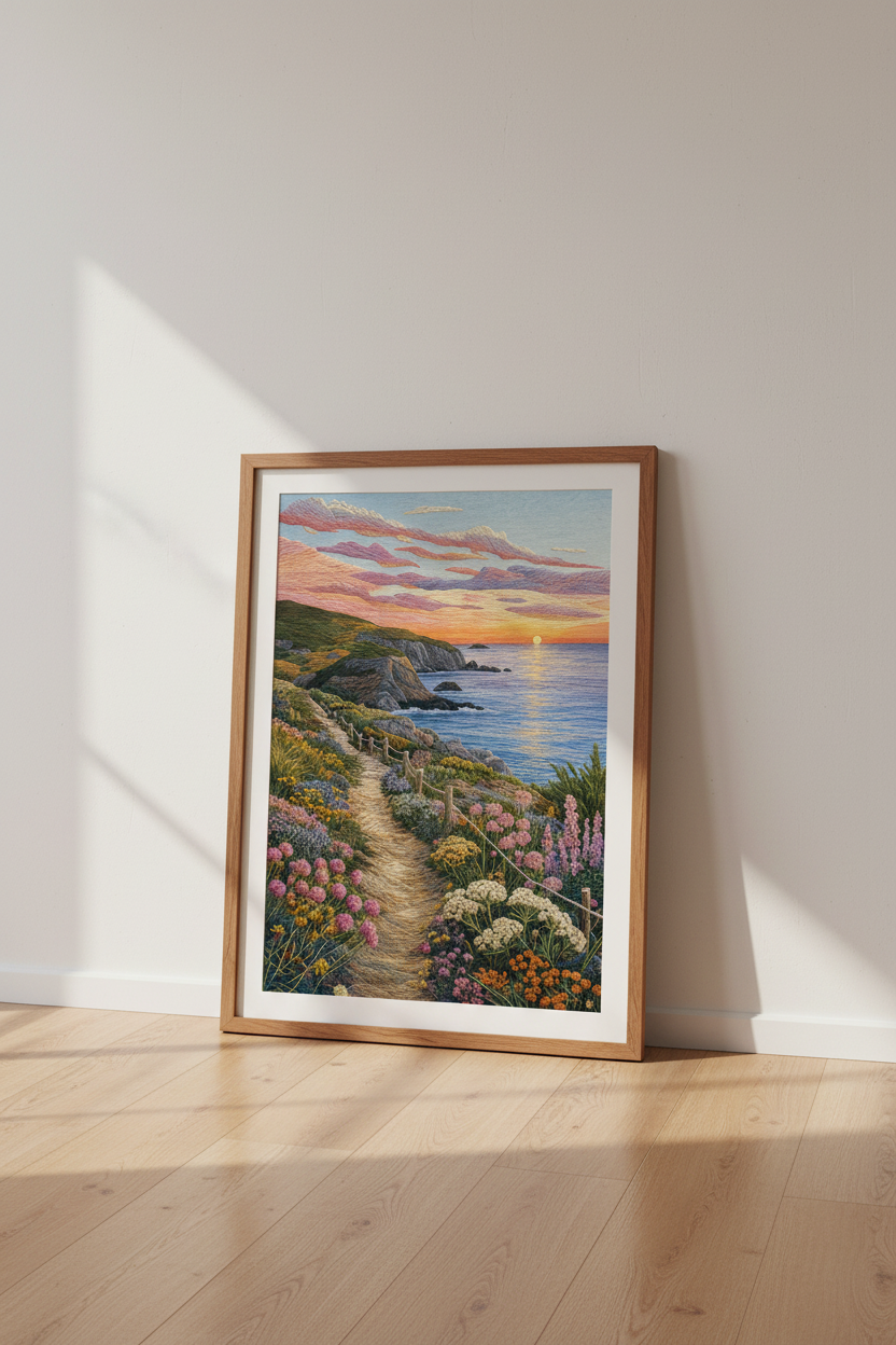 Coastal Sunset Path Art Print | Embroidery Style Beach Decor | Pastel Nature Poster