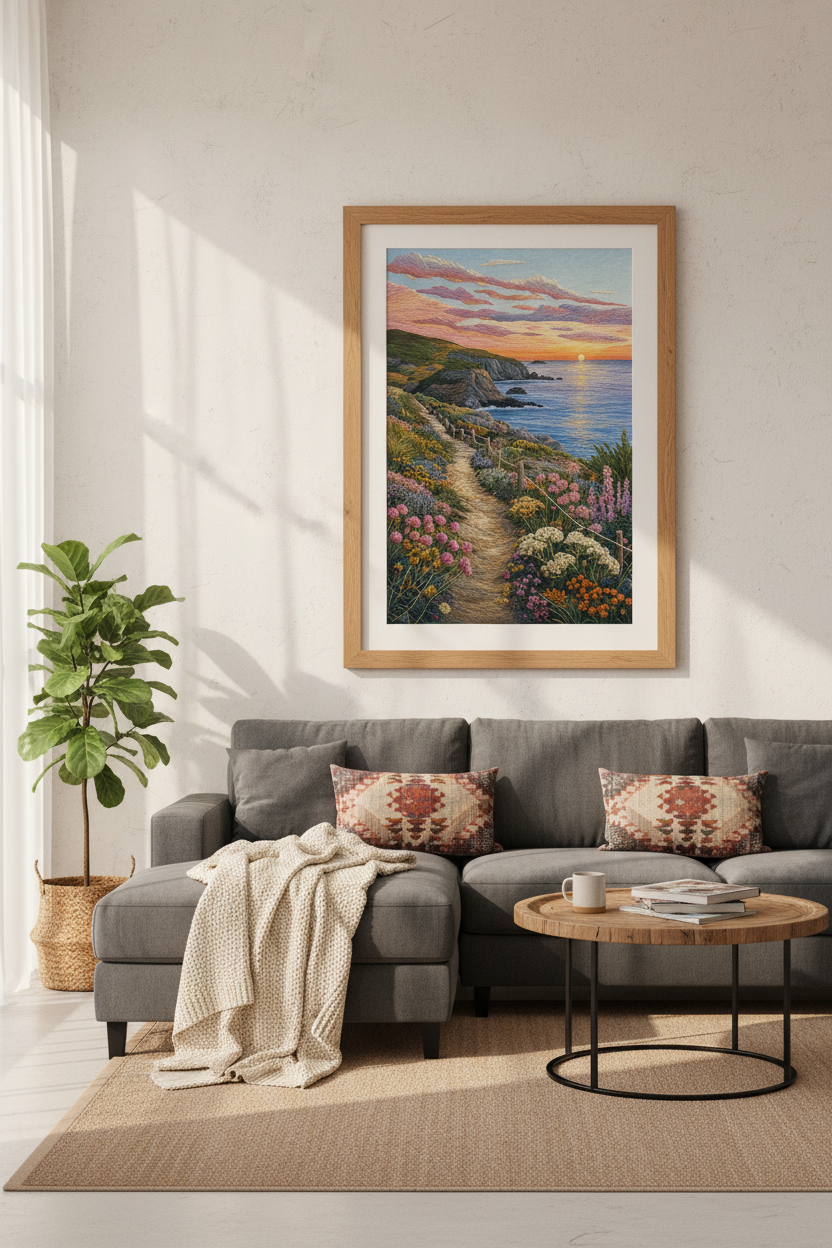 Coastal Sunset Path Art Print | Embroidery Style Beach Decor | Pastel Nature Poster