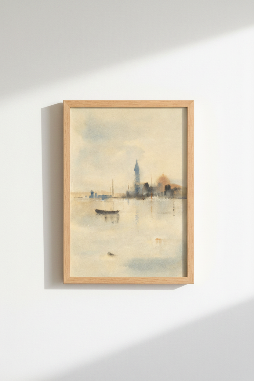 Watercolor cityscape | soft beige blues, living room decor