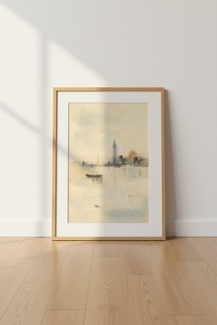 Watercolor cityscape | soft beige blues, living room decor