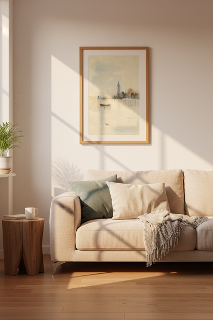 Watercolor cityscape | soft beige blues, living room decor