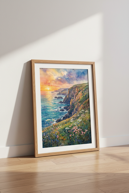 Coastal Sunset Landscape Watercolor Print | Ocean Cliff Wall Art | Serene Nature Poster