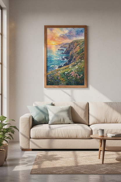 Coastal Sunset Landscape Watercolor Print | Ocean Cliff Wall Art | Serene Nature Poster