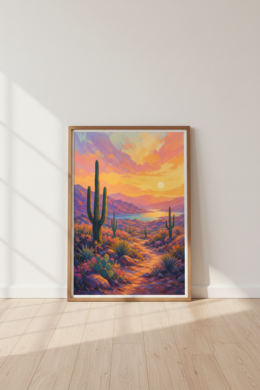 Desert Sunset Cactus Wall Art | Vibrant Southwest Landscape, Living Room Decor