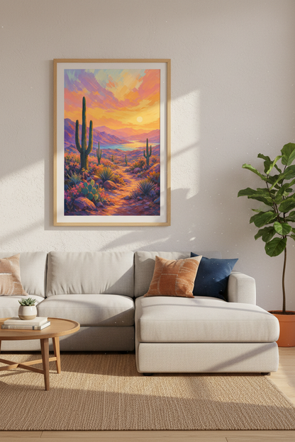 Desert Sunset Cactus Wall Art | Vibrant Southwest Landscape, Living Room Decor