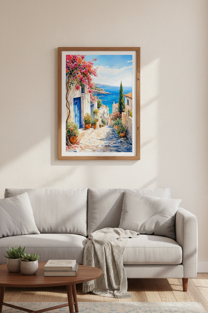 Greek Island Watercolor Wall Art | Coastal Village Decor | Mediterranean Poster