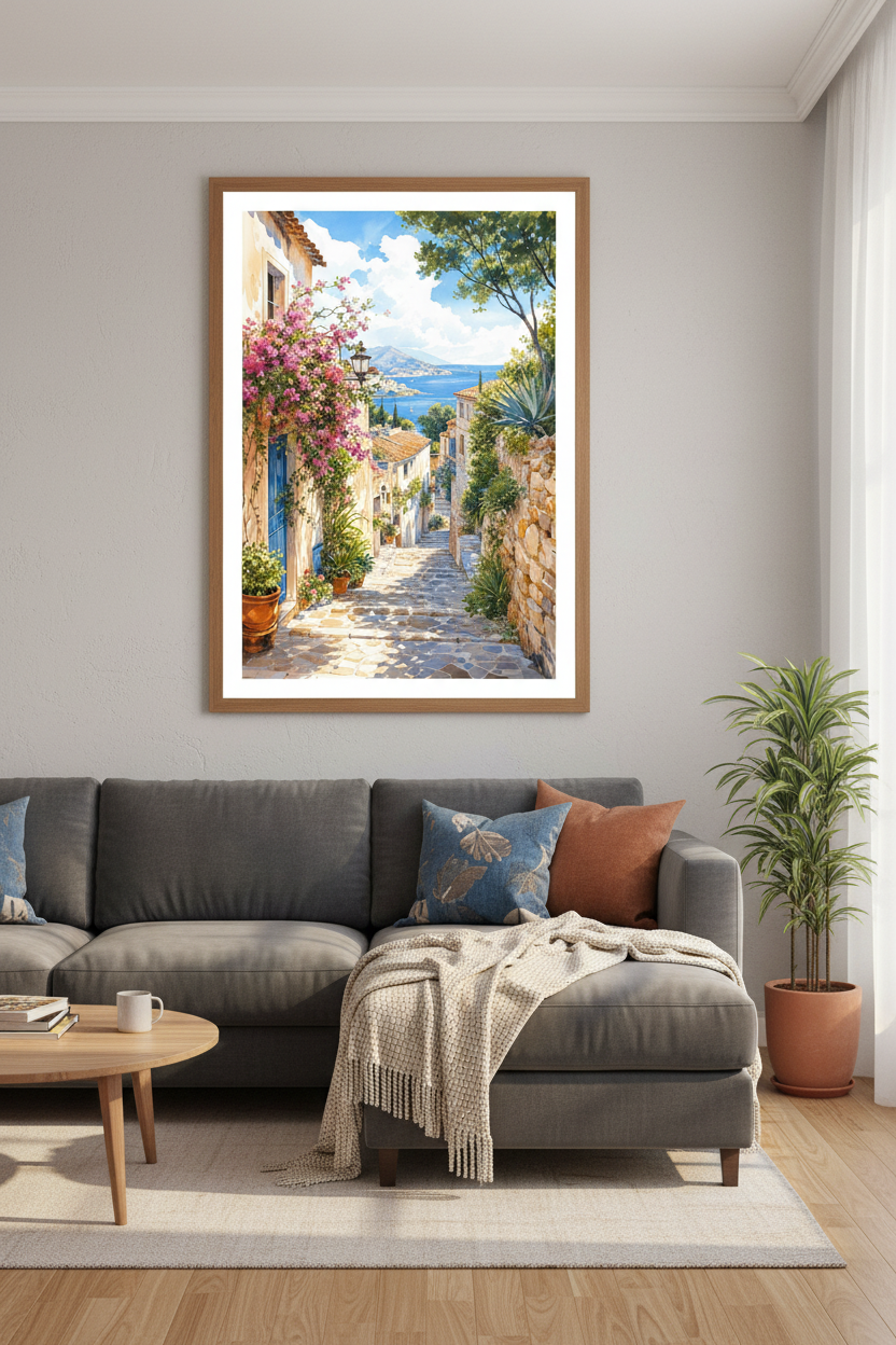 Mediterranean Village Watercolor | Coastal Street Scene, Summer Travel Decor