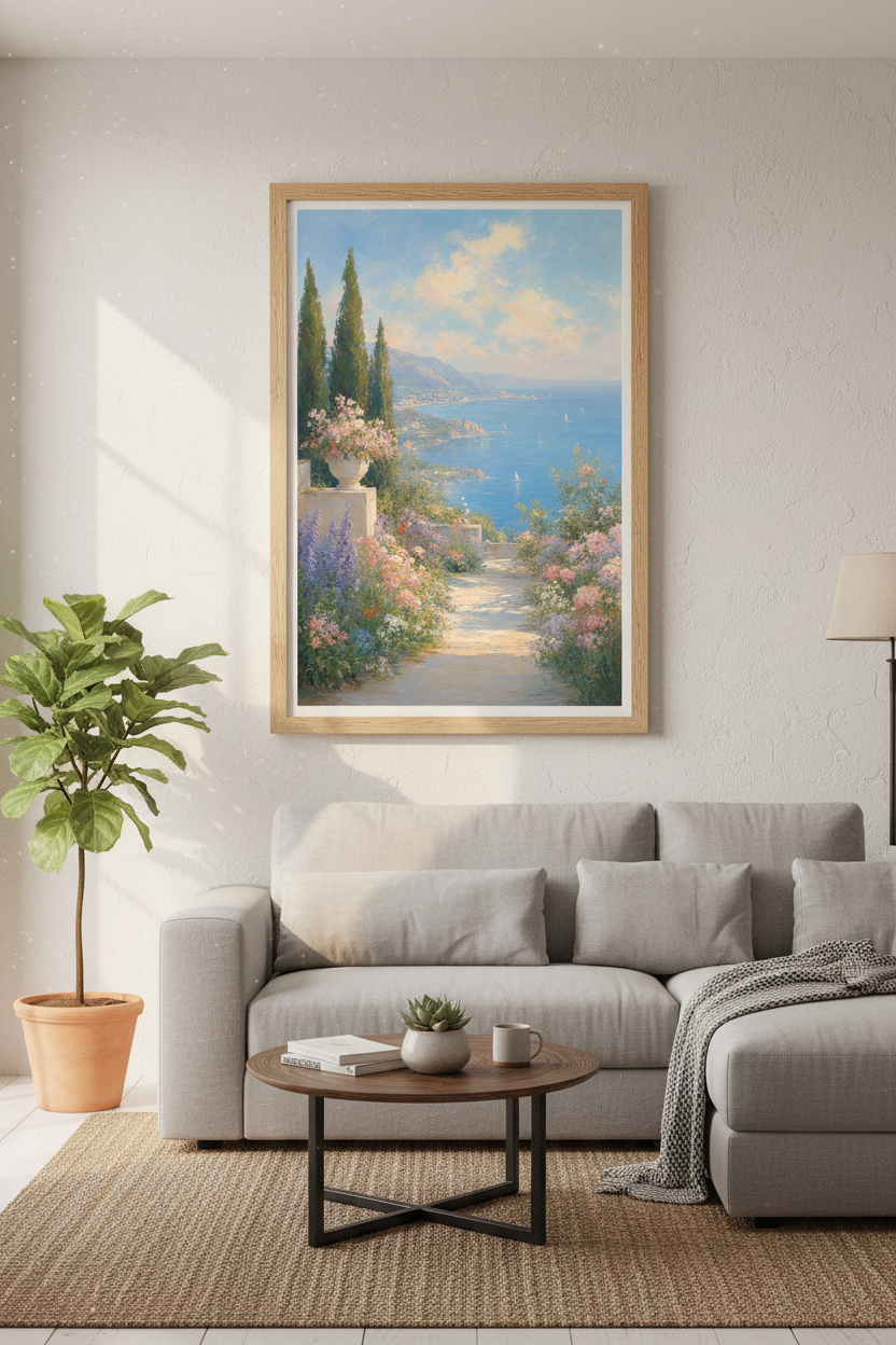 Mediterranean Coastal Landscape | Impressionist Oil Painting, Living Room Decor