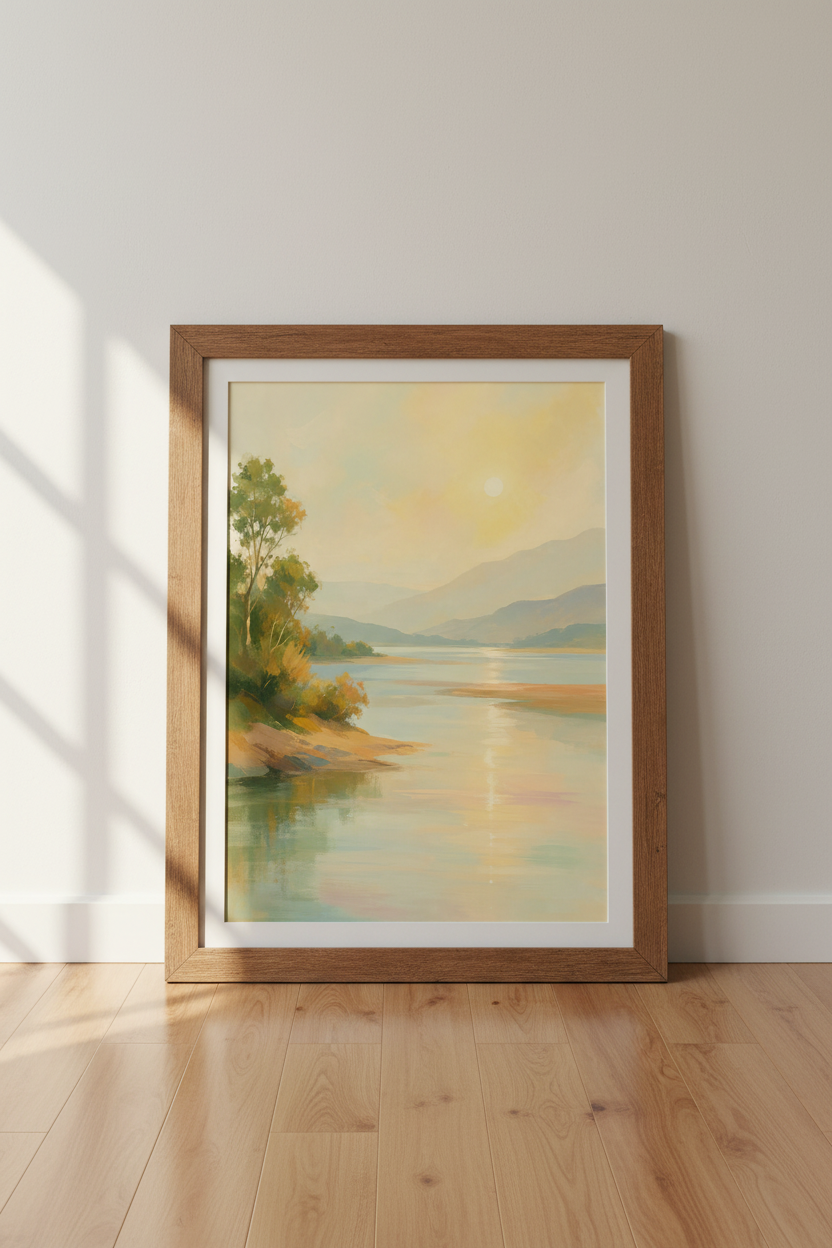 Impressionist Lake Landscape Wall Art | Sunset Gold Decor | Serene Nature Poster