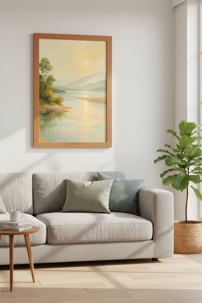 Impressionist Lake Landscape Wall Art | Sunset Gold Decor | Serene Nature Poster