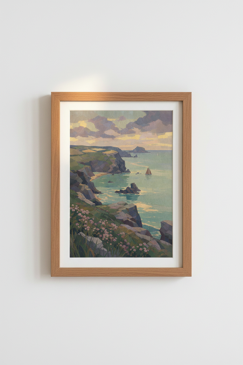 Coastal Wall Art | Pastel Seascape, Cliffside Vista | Living Room Decor