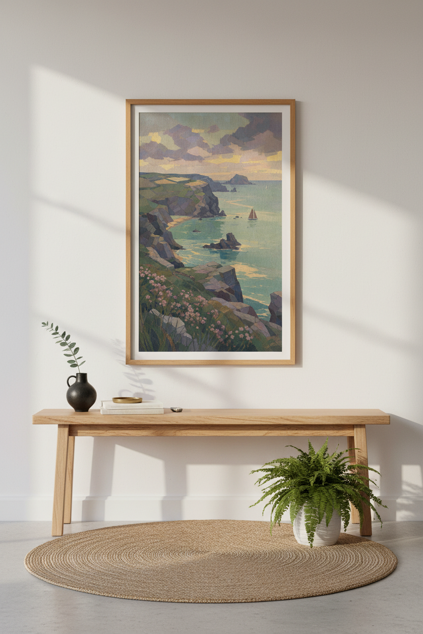 Coastal Wall Art | Pastel Seascape, Cliffside Vista | Living Room Decor