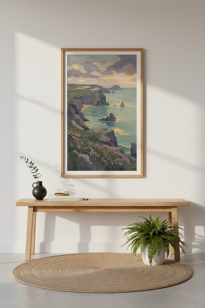 Coastal Wall Art | Pastel Seascape, Cliffside Vista | Living Room Decor