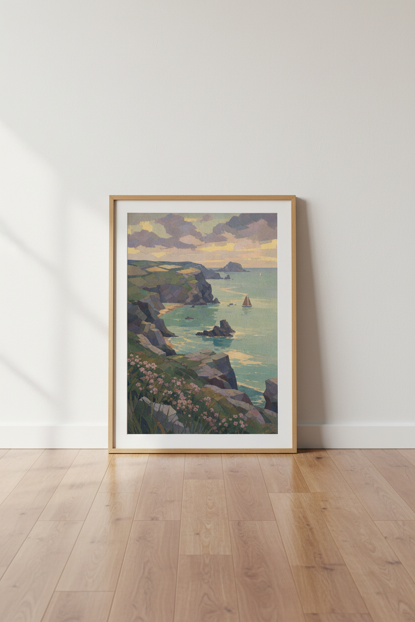 Coastal Wall Art | Pastel Seascape, Cliffside Vista | Living Room Decor