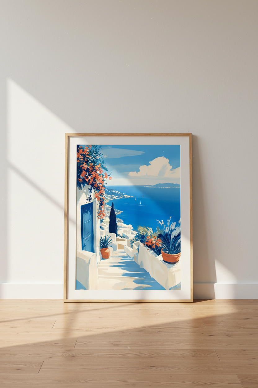 Santorini Greece Wall Art Print | Coastal Blue &amp; White Decor | Mediterranean Poster