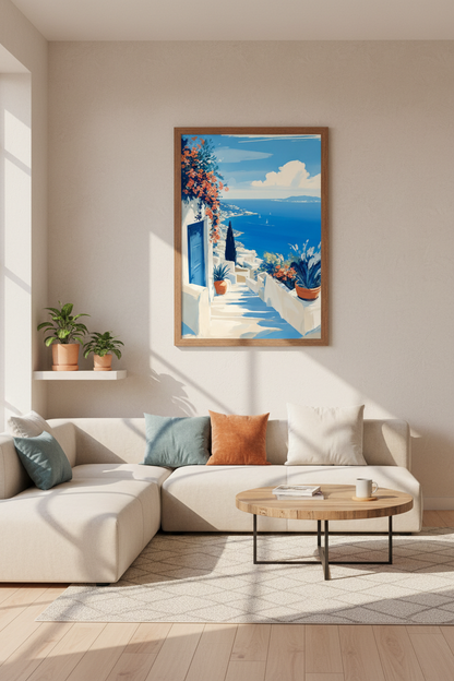 Santorini Greece Wall Art Print | Coastal Blue &amp; White Decor | Mediterranean Poster