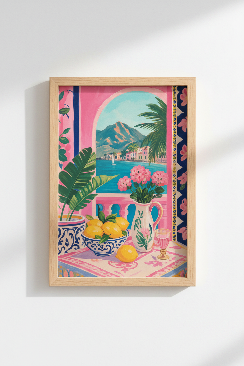 Amalfi Coast Art Print | Italian Summer Balcony Decor, Pink Mediterranean Travel Poster
