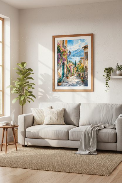 Italian Coastal Watercolor Print | Lake Como Landscape Wall Art | Mediterranean Poster