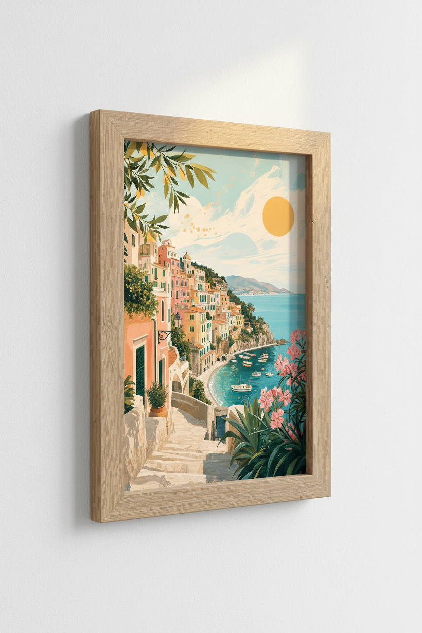Amalfi Coast Italy Art Print | Mediterranean Coastal Poster | Pastel Travel Wall Art