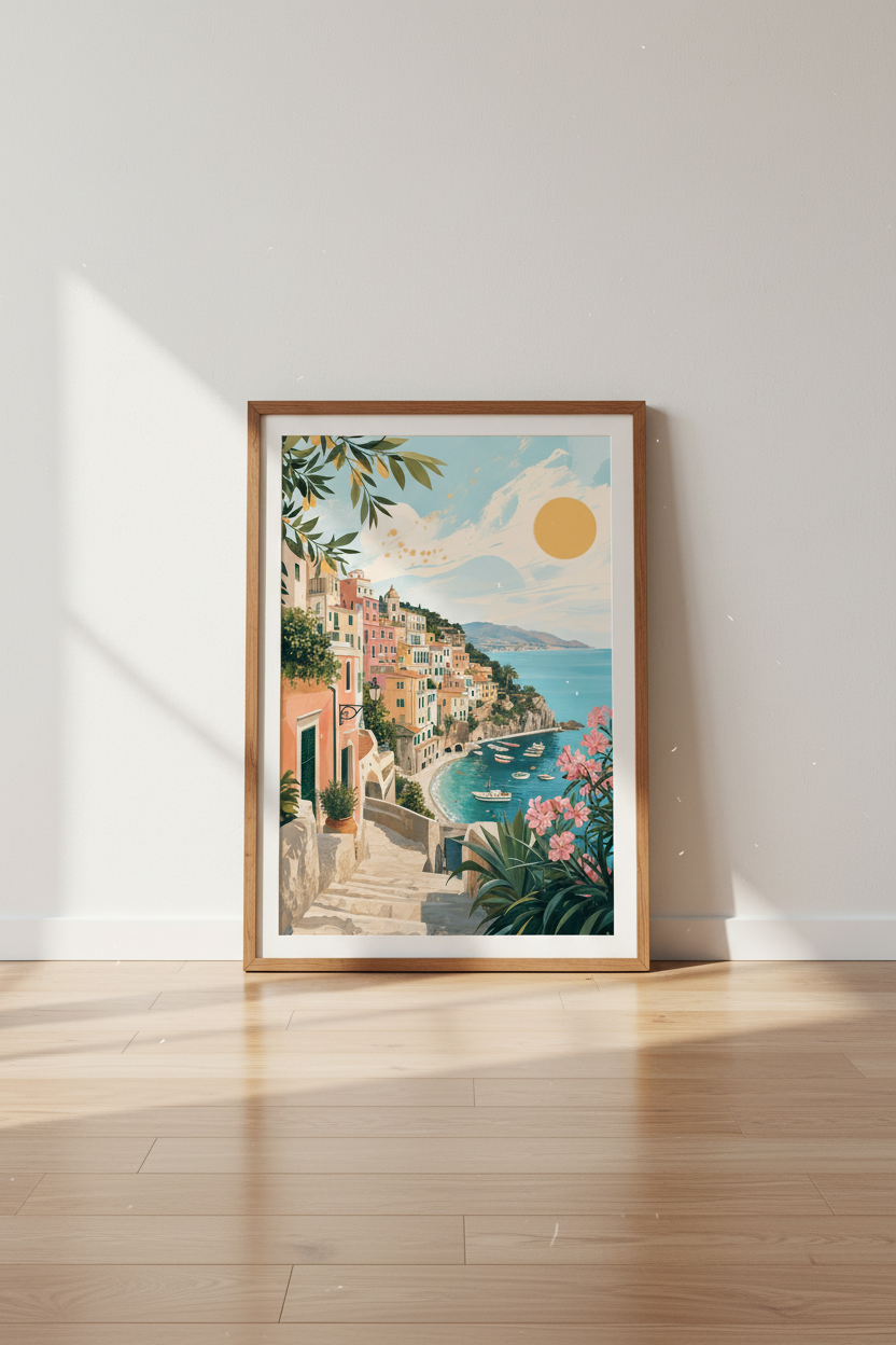 Amalfi Coast Italy Art Print | Mediterranean Coastal Poster | Pastel Travel Wall Art