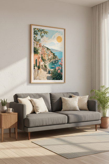 Amalfi Coast Italy Art Print | Mediterranean Coastal Poster | Pastel Travel Wall Art