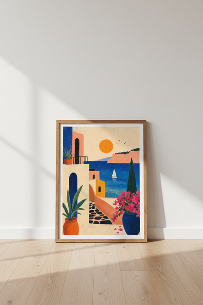 Mediterranean Coastal Landscape Art | Greek Island View Poster, Summer Home Decor