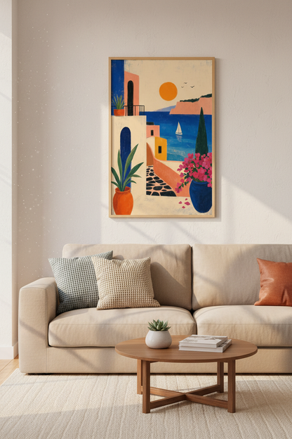 Mediterranean Coastal Landscape Art | Greek Island View Poster, Summer Home Decor