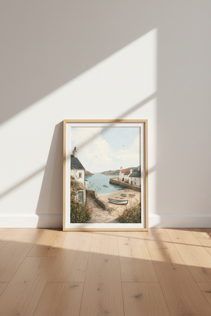 Coastal Harbor Village Art Print | Muted Blue Seaside Decor | Nautical Landscape Poster