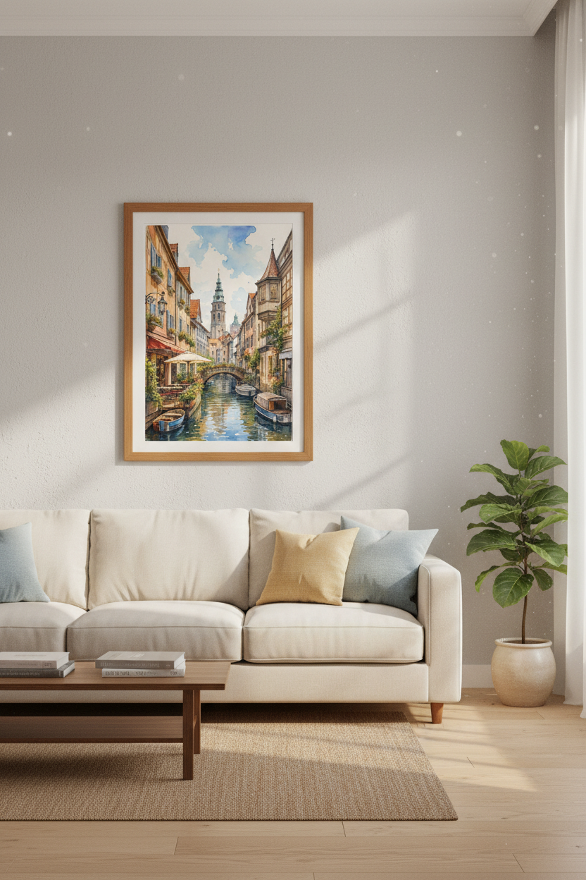 European Canal Street Art | Watercolor Cityscape, Living Room Decor Poster