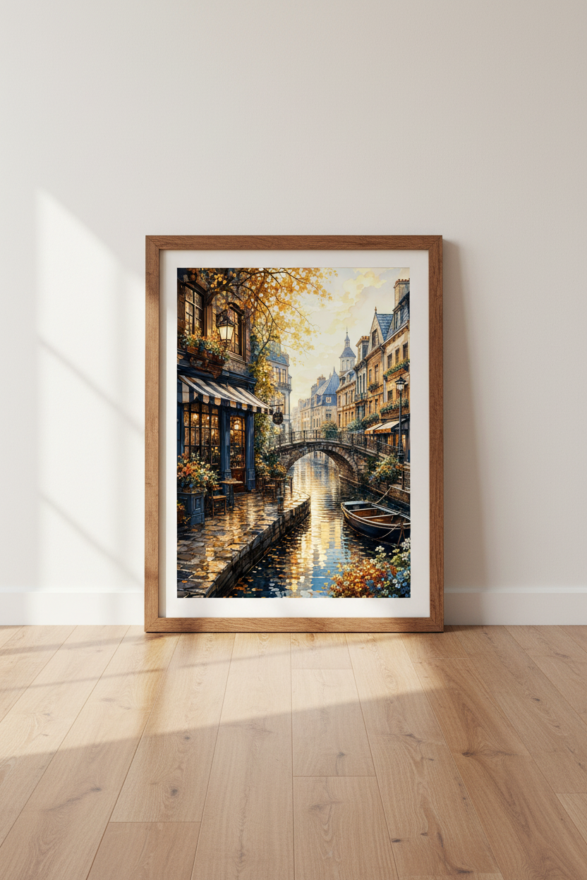 European Canal Cafe Wall Art Print | Travel Room Decor | Golden Hour Watercolor Poster