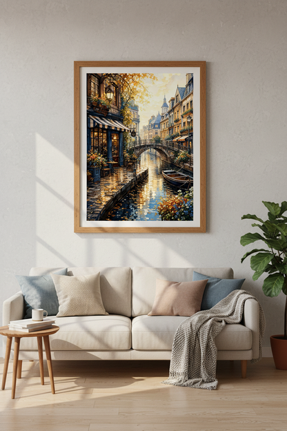European Canal Cafe Wall Art Print | Travel Room Decor | Golden Hour Watercolor Poster