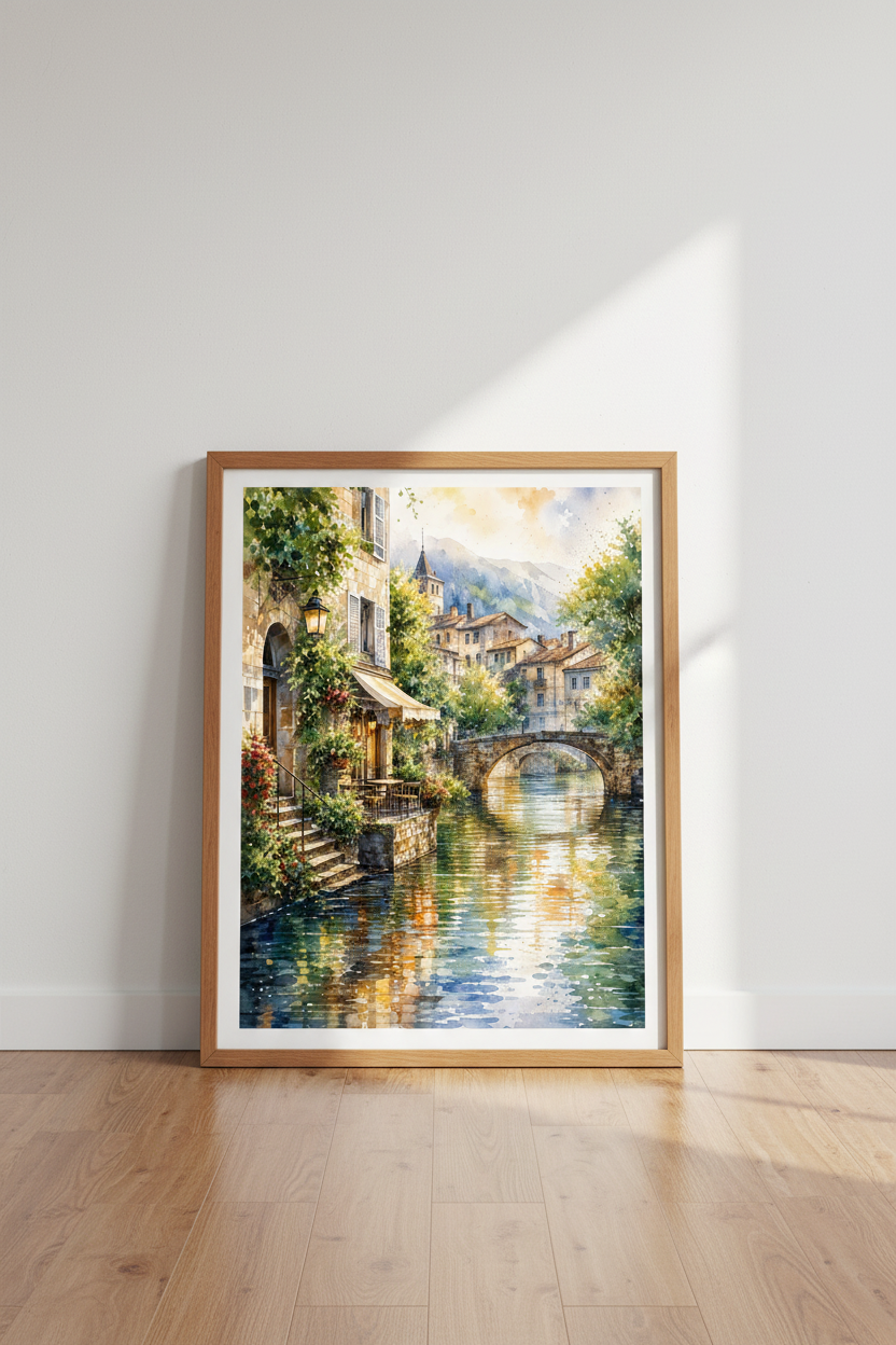 European Village Canal Watercolor | Rustic Stone Town Art, Living Room Wall Decor