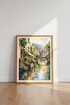 European Village Canal Watercolor | Rustic Stone Town Art, Living Room Wall Decor