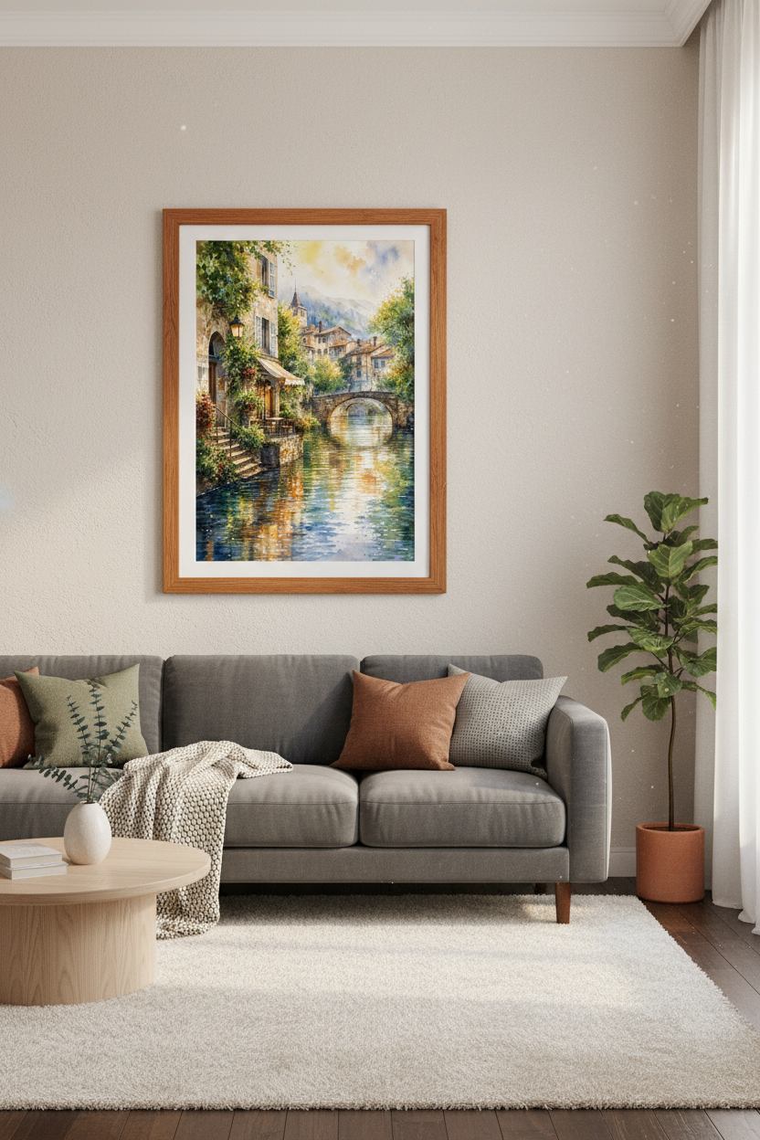 European Village Canal Watercolor | Rustic Stone Town Art, Living Room Wall Decor