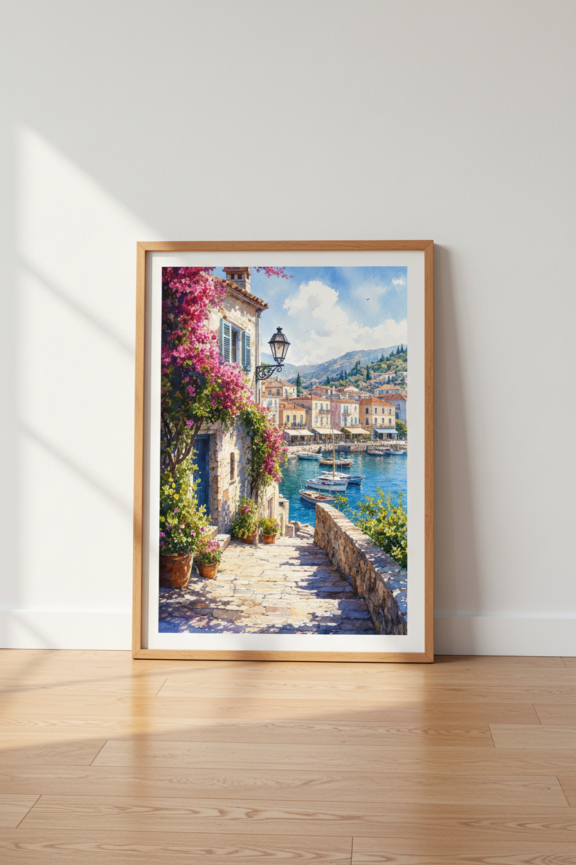 Mediterranean Coastal Village Art | Greek Watercolor Print, Living Room Decor