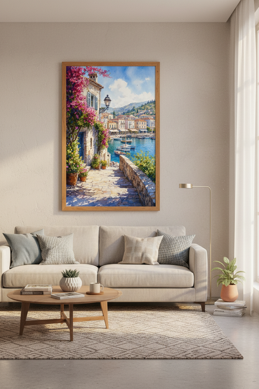 Mediterranean Coastal Village Art | Greek Watercolor Print, Living Room Decor
