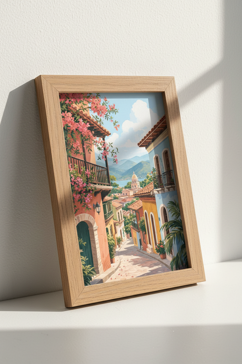 Mediterranean Village Wall Art | Coastal Street Poster | Pastel European Decor