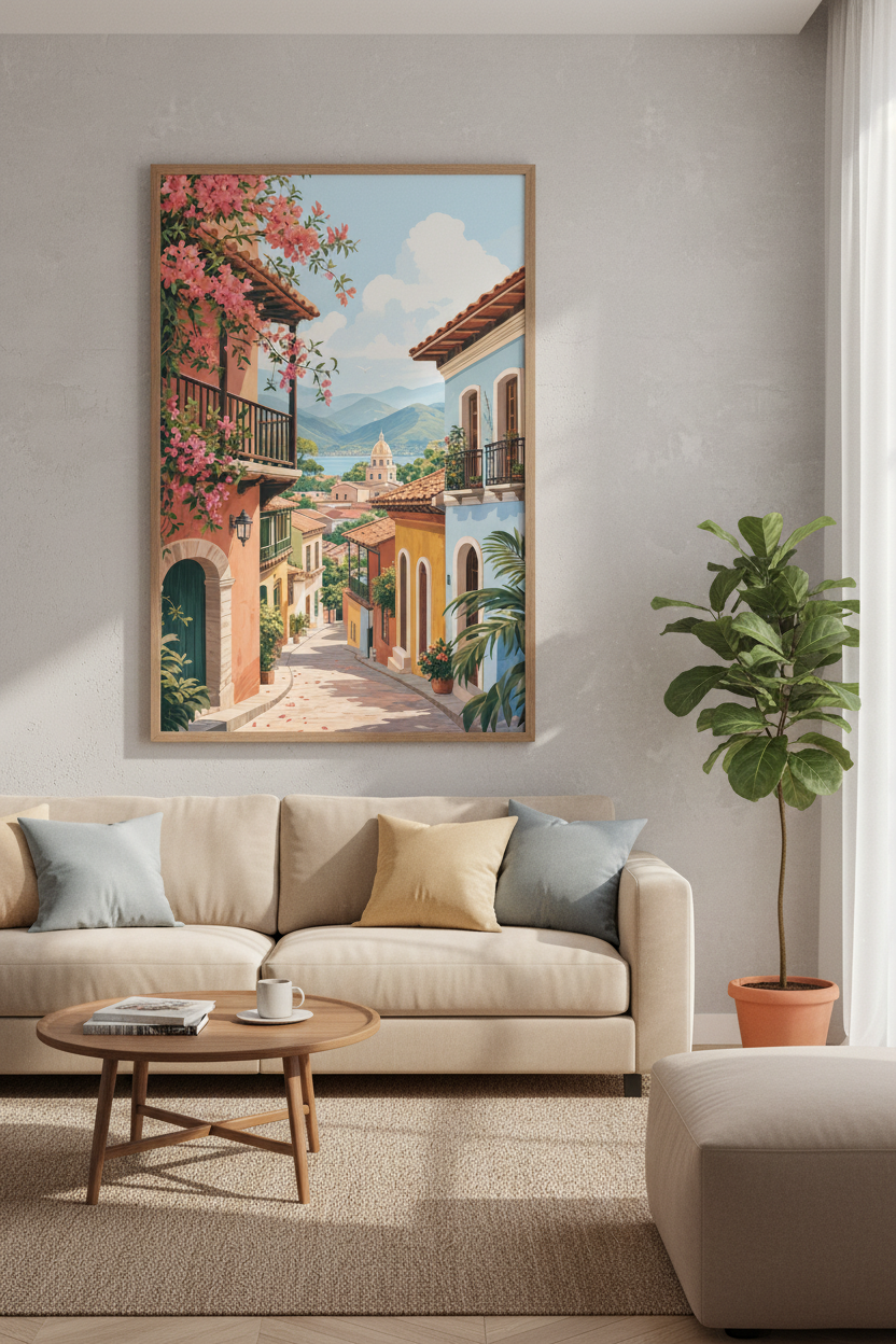Mediterranean Village Wall Art | Coastal Street Poster | Pastel European Decor