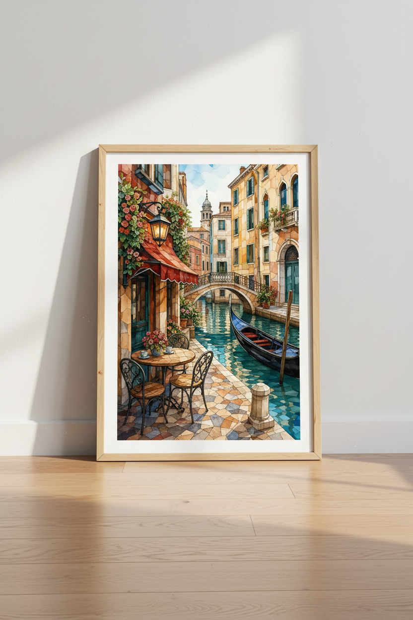 Venice Italy Watercolor Wall Art | Canal Cafe Decor | Mediterranean Poster
