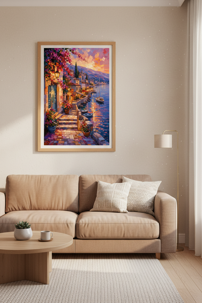 Mediterranean Coastal Village Wall Art | Sunset Impressionist Art | Living Room Decor