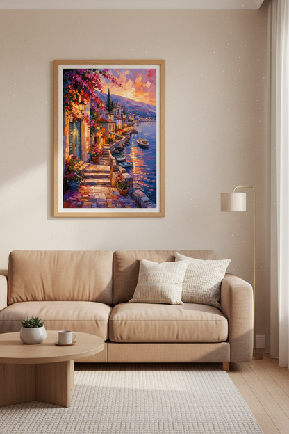 Mediterranean Coastal Village Wall Art | Sunset Impressionist Art | Living Room Decor
